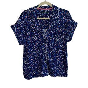 Ralph Lauren Womens Floral Print Pajama Top L Short Sleeve Button-Down Navy